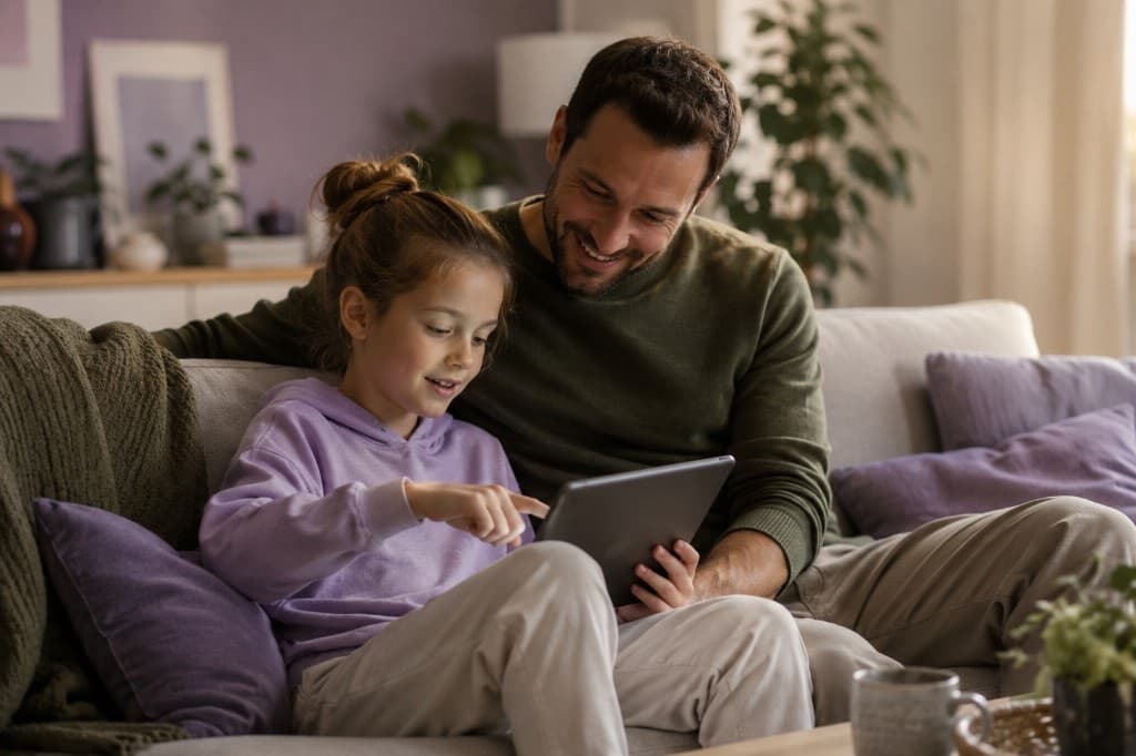 Elternteil und Kind sitzen nebeneinander auf dem Sofa und schauen gemeinsam auf ein Tablet.